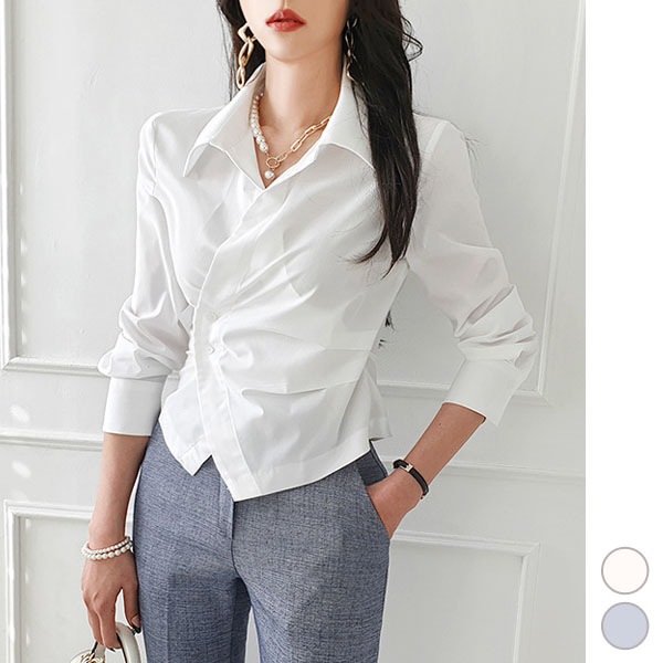 ブラウス シャツ レディース 長袖 タイト スリム トップス シャーリング ギャザー 変形 カジュアル 上品 きれいめ 春 秋 韓国 to25659