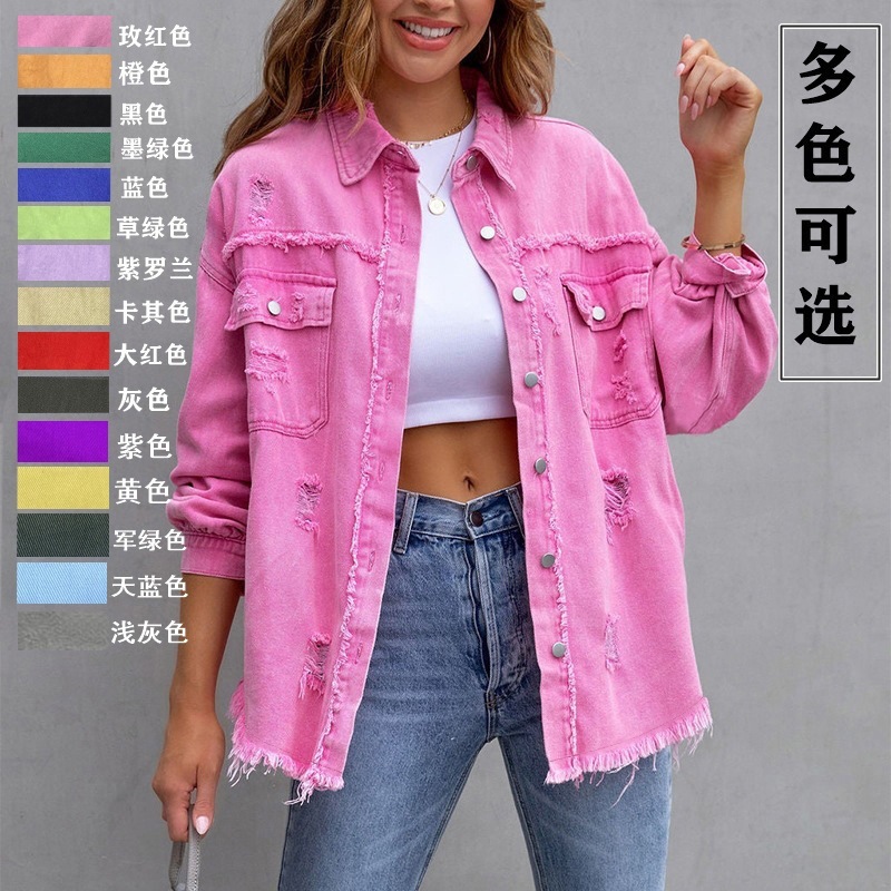 女性用アメリカンソリッドカラーミドル丈リップ長袖デニムジャケット