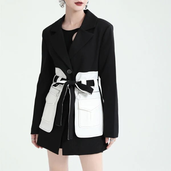 個性 不規則 デザイン バイカラーブレーザー Wポケット 黒