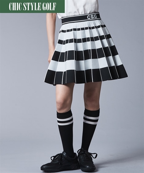 ミニスカート 太ボーダーニットプリーツミニスカート シックスタイルゴルフ 大きいサイズ対応