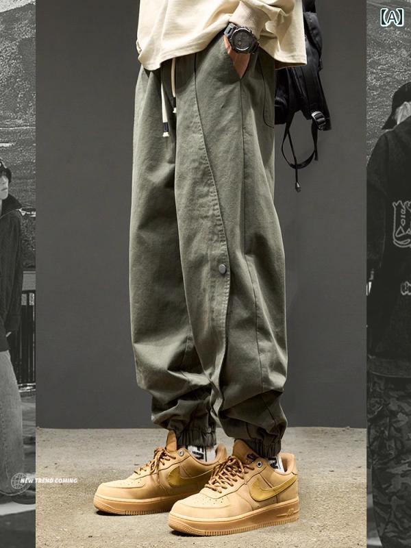 ワイドレッグ　パンツ　レディース オーバー オール メンズ 春夏 カジュアル パンツ アメリカン レトロ 機能的 パラシュートパンツ ボタン 付き ラン バー ジャック