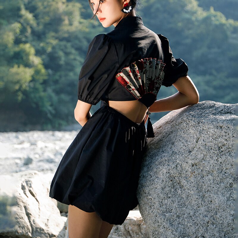 バックオープンワンピース チャイナ風ワンピース ミニワンピース 夏 半袖 扇子フリンジ 黒