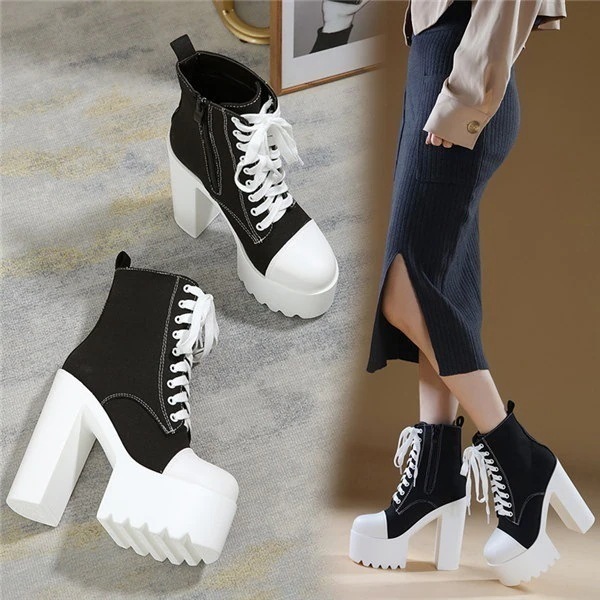 ロングブーツ 編み上げ 厚底ロングブーツ サイドジッパー レースアップブーツ 大きいサイズ サイドジップ 美脚 カジュアルシューズ ブラック 黒 痛くない 厚底ブーツ 疲れない