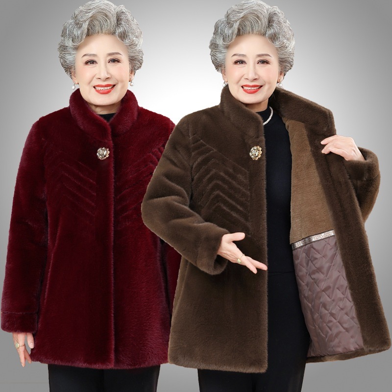 お母さんの冬用コート裏起毛で厚手フェイクミンクのコート中高年女性向けおしゃれなグラニーコートフェイクコート