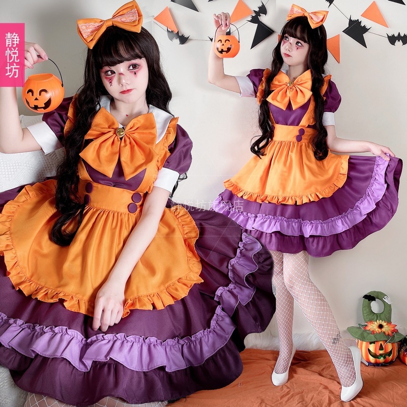 ハロウィン ダークメイドコスチューム オレンジ魔女コスチューム ロリータドレス コスプレメイド制服 かぼちゃスカート