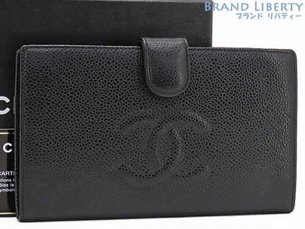 外超美品シャネルヴィンテージココマークキャビアスキン二つ折り長財布がま口財布グレインドカーフスキン