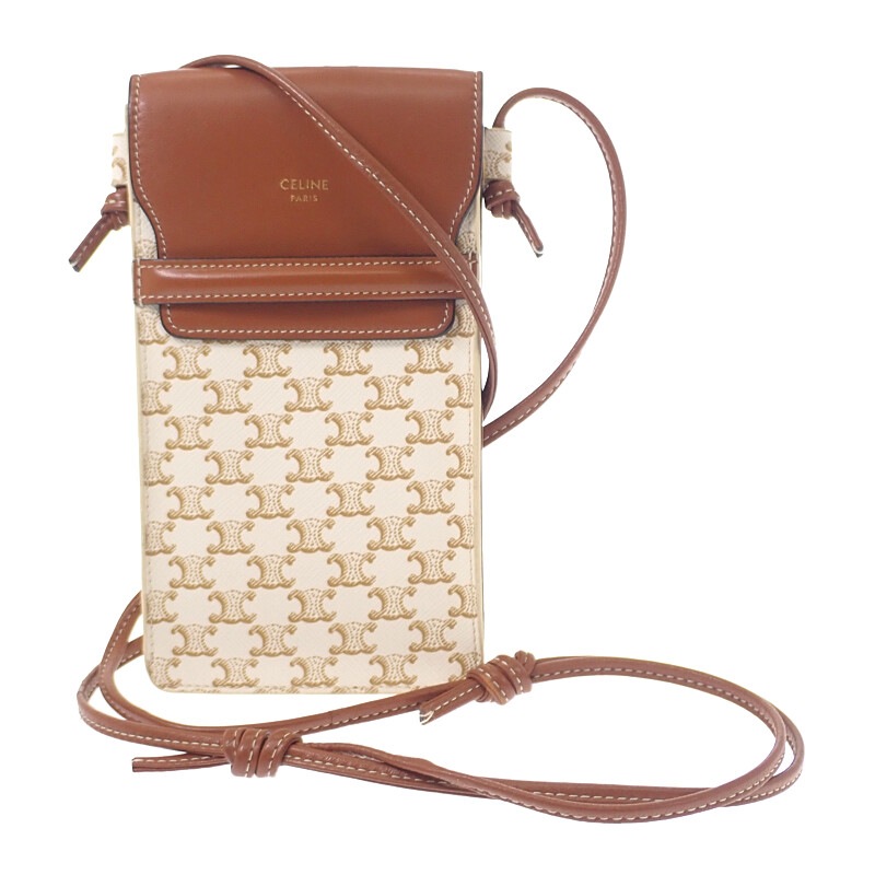 モバイルポーチ 10G332CQD ショルダーバッグ スマホポーチ ラムスキン トリオンフキャンバス タン ブラウン系 レディース【Aランク】