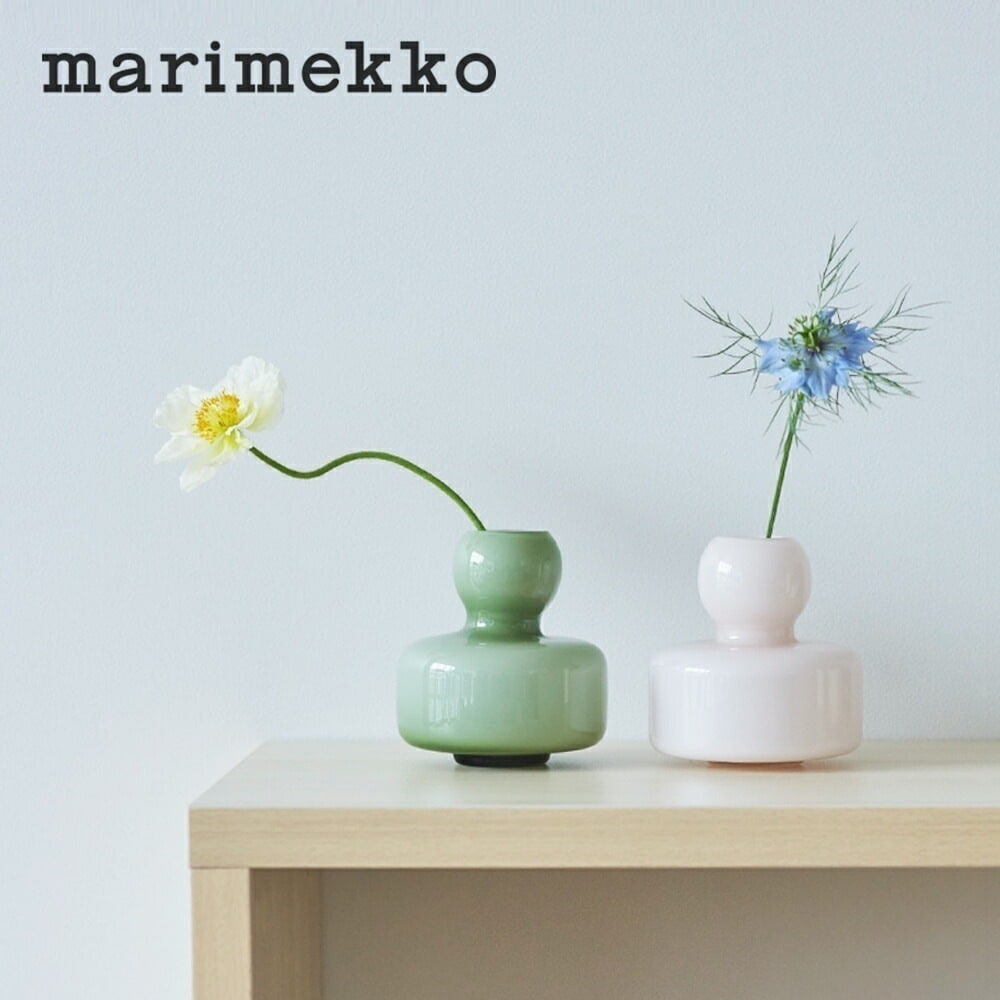 【正規品】marimekko / マリメッコ フラワーベース オリーブ パウダーピンク 緑 グリーン 花瓶 花びん 一輪挿し ガラス 透明 カリーナセスアンダーソン ギフト 箱入り 箱付き