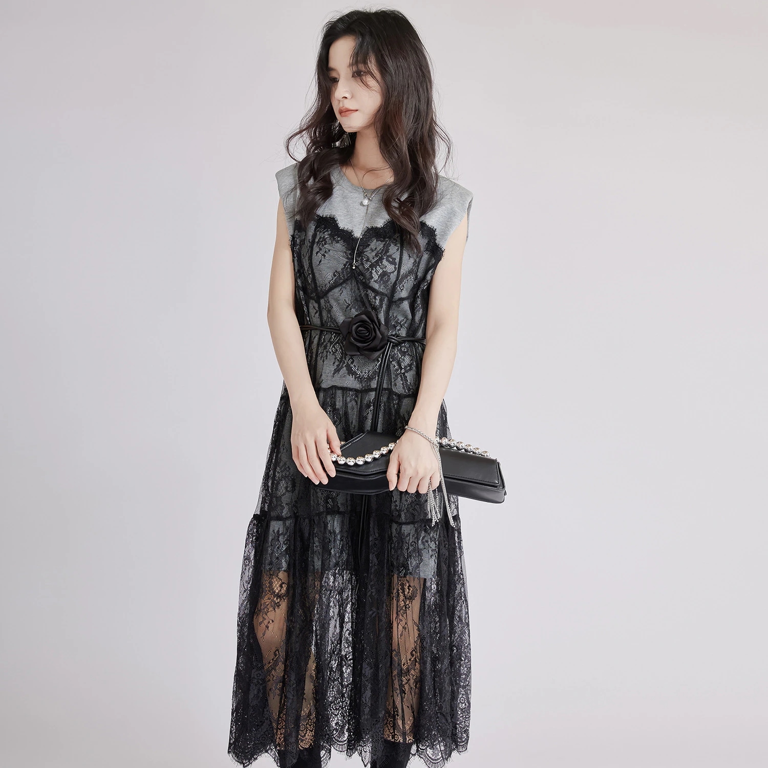 Tシャツ袖なし2wayワンピースレース キャミワンピース 可愛いロングワンピース