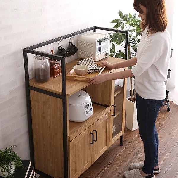レンジ台 レンジラック キッチンラック ビンテージ風 アンティーク調 西海岸 スタイリッシュ おしゃれ カフェ風 Cafe 木目 スチール 脚 スライド棚 開き扉