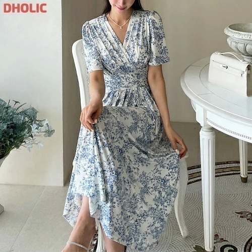 [メガ割りSALE]Vネックパフスリーブ半袖ワンピース