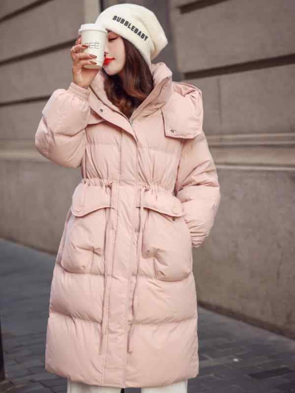 秋冬 コーデ レディース ファッション オシャレ 服 カワイイ シンプル 大人カワイイ 大きいサイズ ダウン ジャケット ロング ウエスト 韓国スタイル フード付き スリム ホワイトダックダウン 厚手