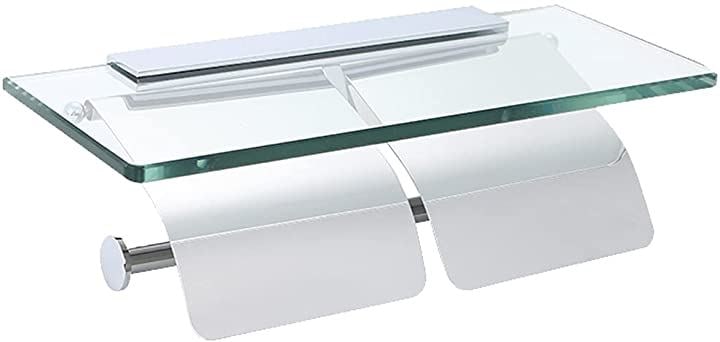 トイレット ペーパー ホルダー ガラス 棚付 インテリア 洋風 北欧 壁掛け おしゃれ 収納(ダブル