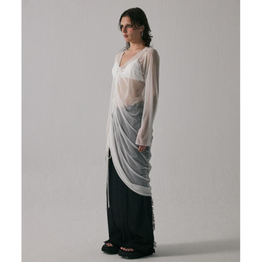TREEMINGBIRD SeeThrough Shirring Long OnePiece White T