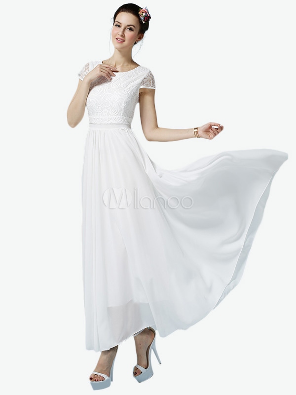 スクープネックレース半袖マキシドレス