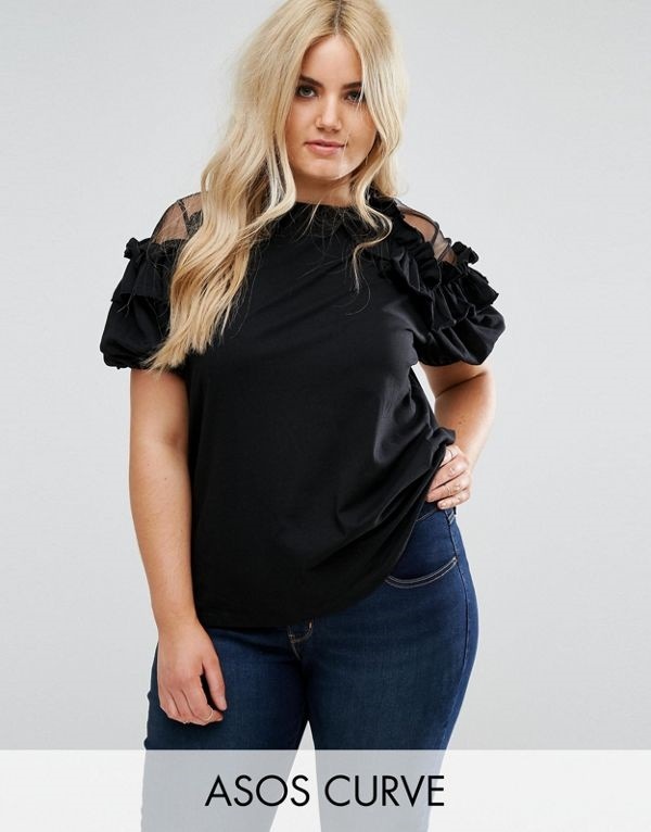 ASOS エイソス レディース 大きめサイズ ゆったりサイズ 送料無料 Black CURVE T-Shirt with Ruffle Bell Sleeve and Mesh Panel