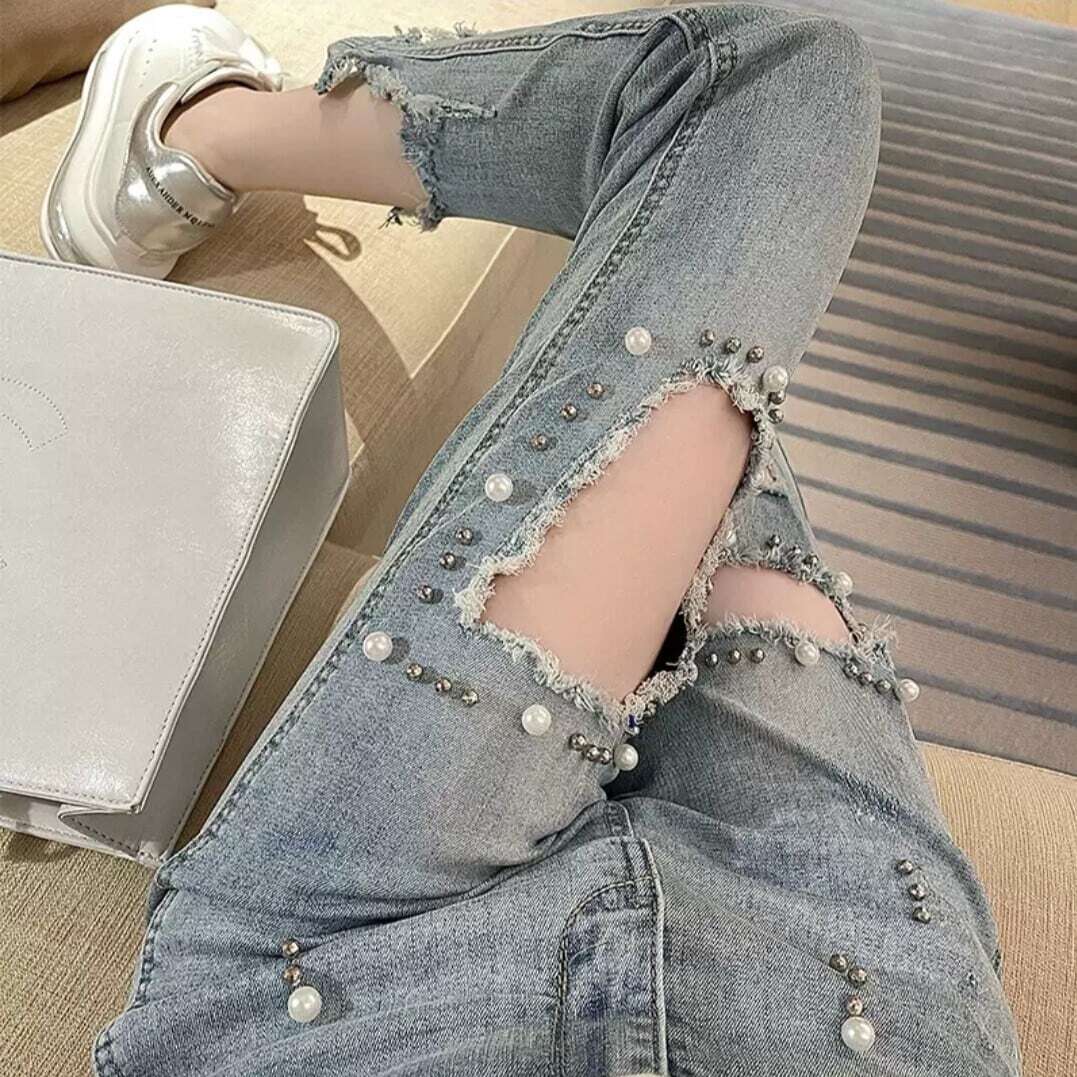 レディース ハイウエスト パール ダメージ ストレート ジーンズ デニムパンツ