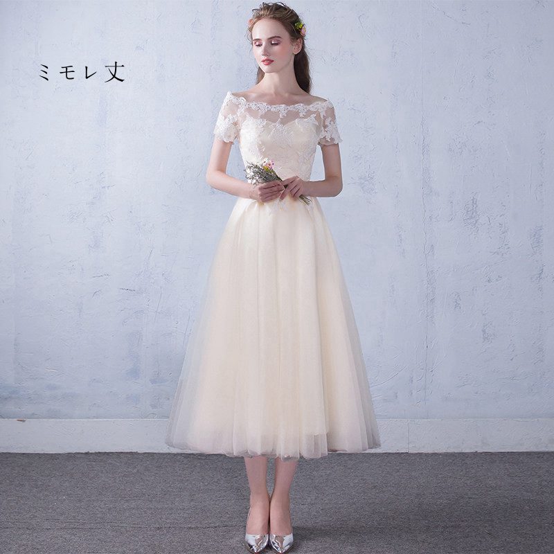 爆裂超特価 ドレス 二次会　ウェディングドレス　ミモレ丈/ミニドレス個性派 花嫁　アシンメトリー 編み上げタイプ　レース　ウエディングドレス 二次会 ミニドレス ウェディングドレス パーティードレス結
