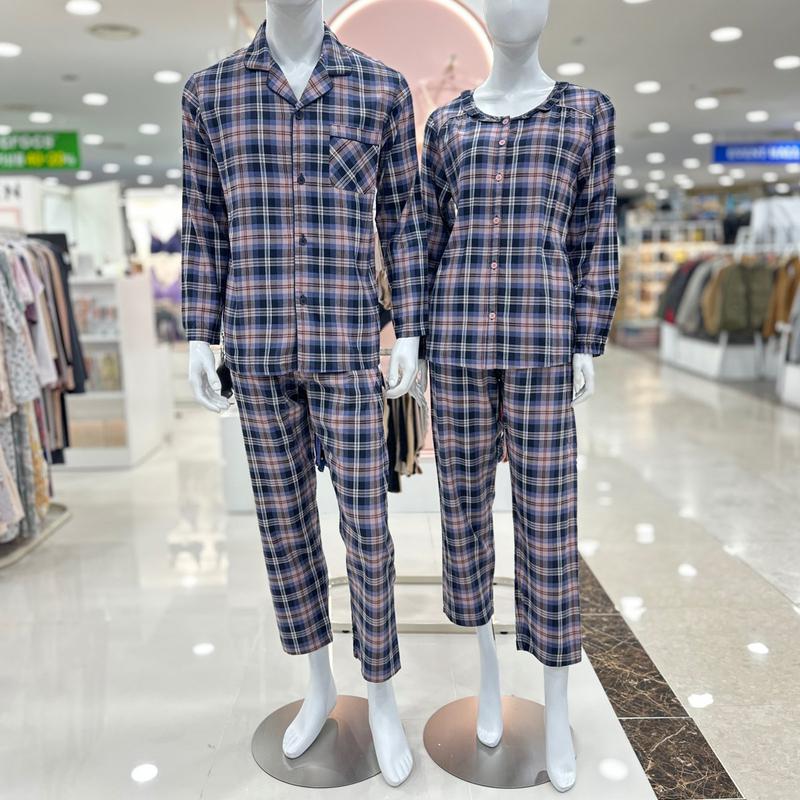 綿レーヨン起毛チェック男女カップルパジャマセットNAVY_DG