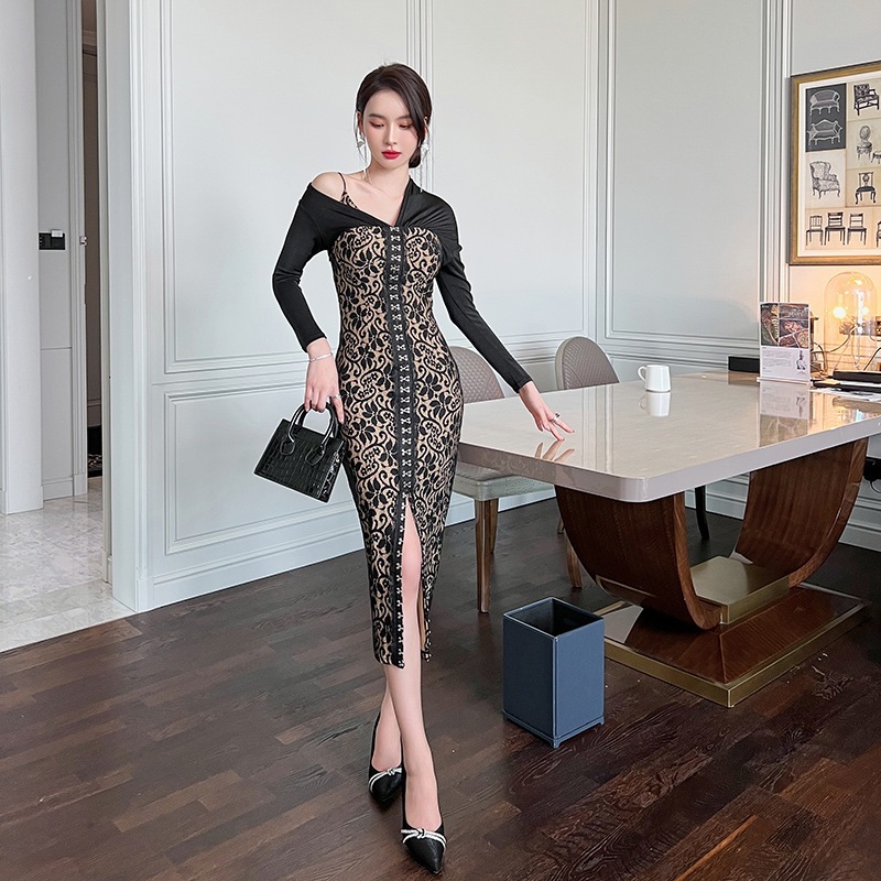 【Fellow 20%割】【JY.上品】 オフショルダー 2way レースワンピース スリム 春秋 ドレス パーティー 着痩せ 大人 お呼ばれ 同窓会 披露宴 卒業式 結婚式 ウェディング 二次会 成