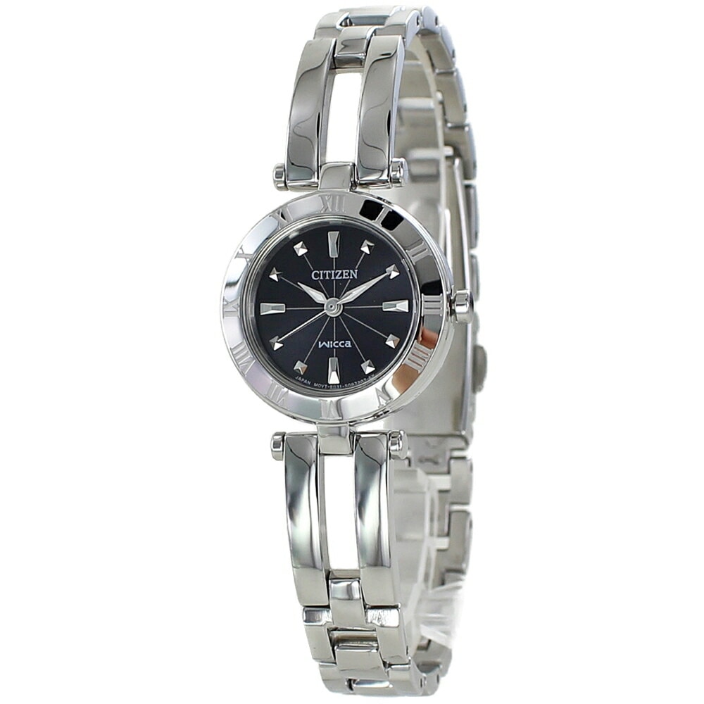 シチズン ウィッカ ソーラー 小さい かわいい スタイリッシュ 仕事 プライベート お洒落 レディース 腕時計 手表 シルバー ブラック文字盤 ブレスレットウォッチ CITIZEN WICCA 時計