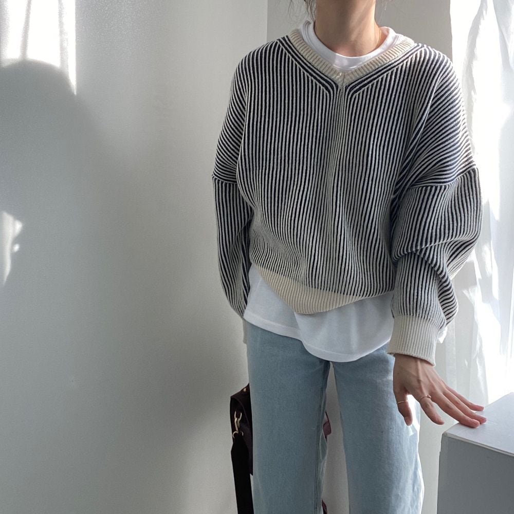 2color レディース ストライプニット セーター トップス Vネック 長袖 19