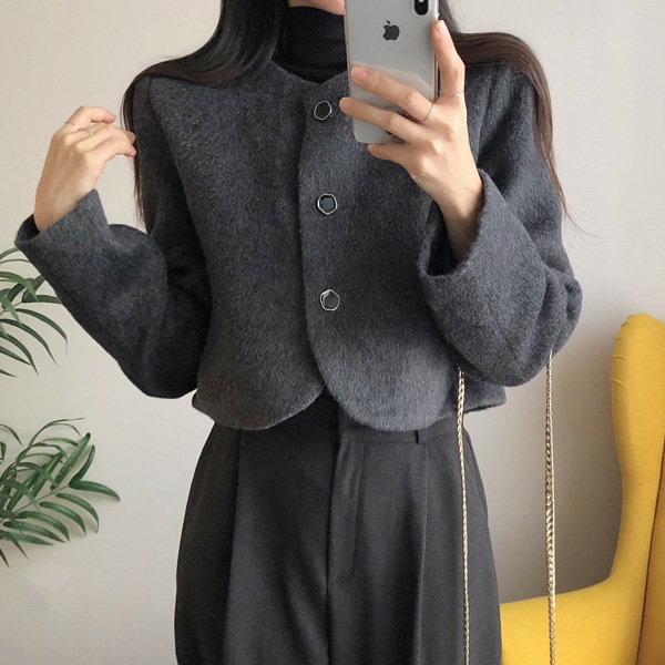 韓国ファッション ベーシック ダーツ ラウンド ノーカラー クロップ ジャケット