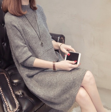 ハイネックニットワンピース 膝丈 長袖 S M L XL ダークグレー ベージュ ブラック 爽やか かわいい 可愛い きれいめ シンプル カジュアル 上品 おしゃれ かっこいい レトロ 5,228円