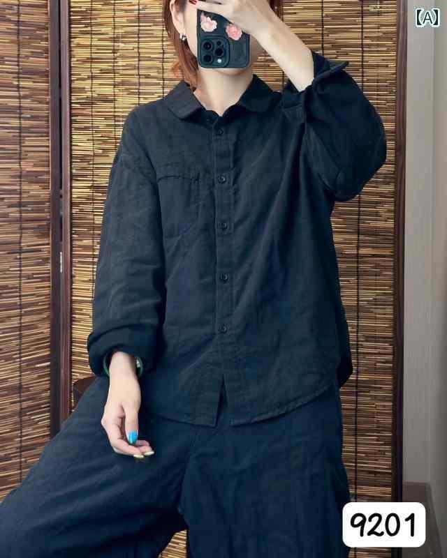 レディース　　シャツ　トップス 文学的な リネンシャツ レディース 秋 シンプル レトロ 長袖 ポロ カラー 無地 カジュアル トップス