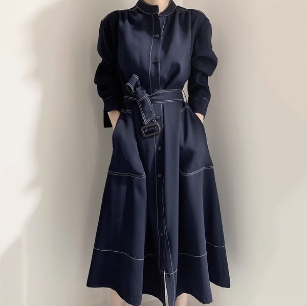 ワンピース ロング丈 長袖 スタンドカラー フレア ステッチ デザイン ボタン 美ライン ニュアンス ベルト ウエストマーク ブルーデニム カラーデニム カラバリ スタイルアップ ワーク ナチュラル 5,307円