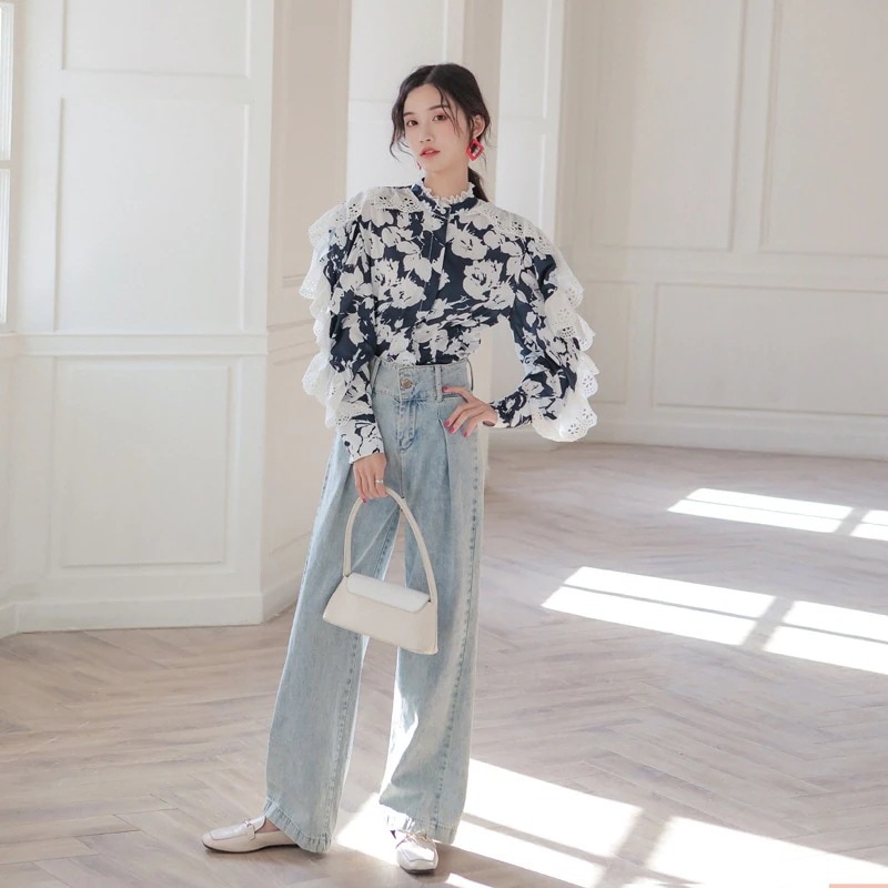 トップス ブラウス シャツ スタンドカラー バットスリーブ パフスリーブ 長袖 ストリート プリント 花柄 S M L 袖あり レース フリル かわいい 大人可愛い 大人 おしゃれ お洒落 レトロ