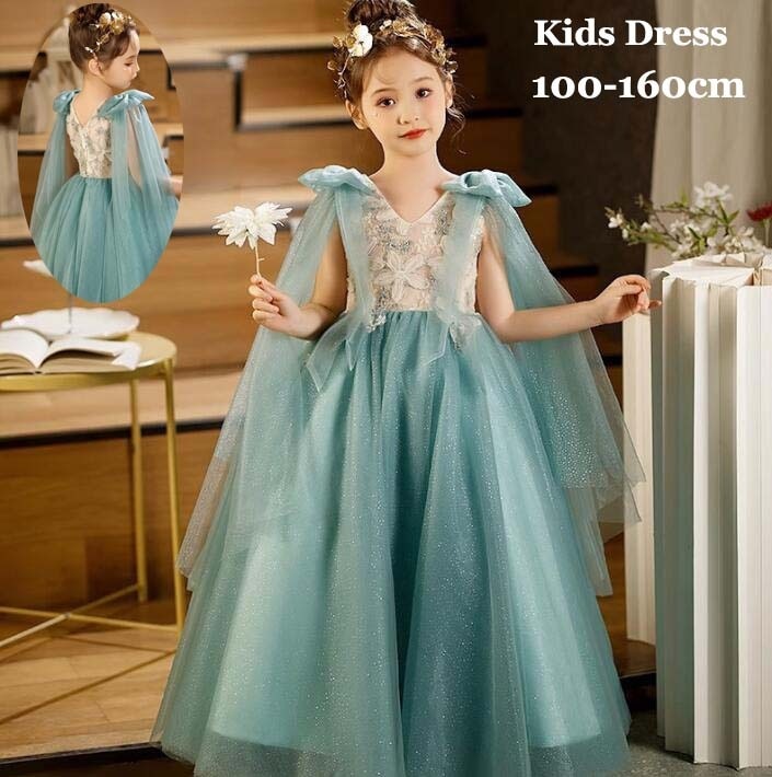 【短納期】子供ドレス ロングドレス 緑 ピアノ 発表会 演奏会 ジュニア 中学生 高級 豪華 上品 花飾り きれいめ チュール 七五三ドレス 女の子ドレス フォーマル キッズドレス 誕生会 舞台 合唱
