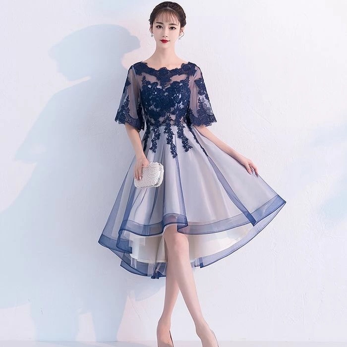 パーティードレス フィッシュテール ドレス ワンピース 結婚式 個性的 韓国 謝恩会 チュール 花柄 刺繍 かわいい エレガント フレア袖 シースルー 上品 10代 20代 30代 40代 紺 ネイビ