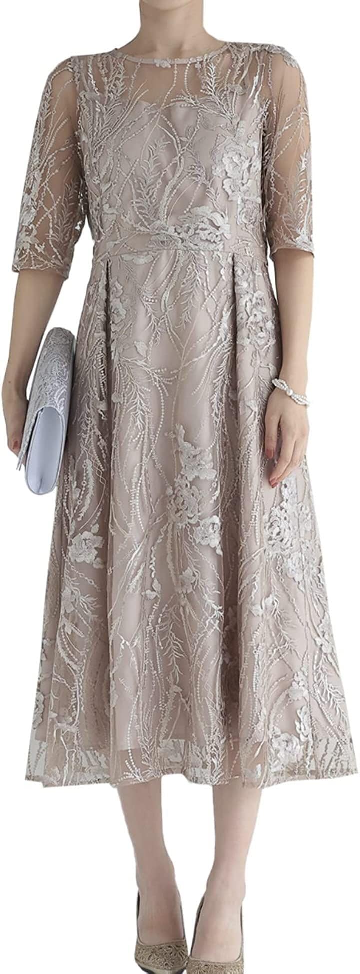 パーティ ワンピース ドレス レディース 結婚式およばれワンピース パーティードレス (ベージュ / 155, L)