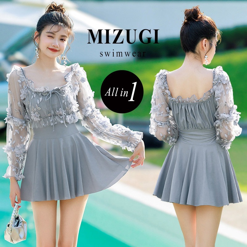 水着 レディース ワンピース オールインワン 体型カバー水着 おしゃれ かわいい レース 刺繍 花 装飾 胸元リボン キャンディスリーブ 袖 フリル ハイウエスト フレアスカート ノンワイヤー 二腕