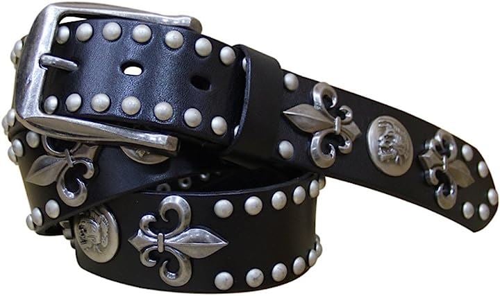 ラクエスト メンズ 革 スタッズ ベルト レザー アンティーク スカル コンチョ ユリ 紋章 レリーフ (ブラック)