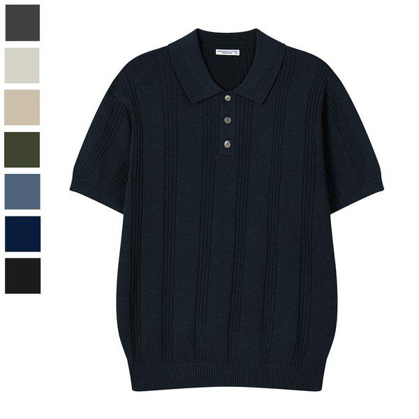 メンズプレーンリネンカラーネック短冊半袖ニットTシャツ AS-KNH-Q036-ネイビー