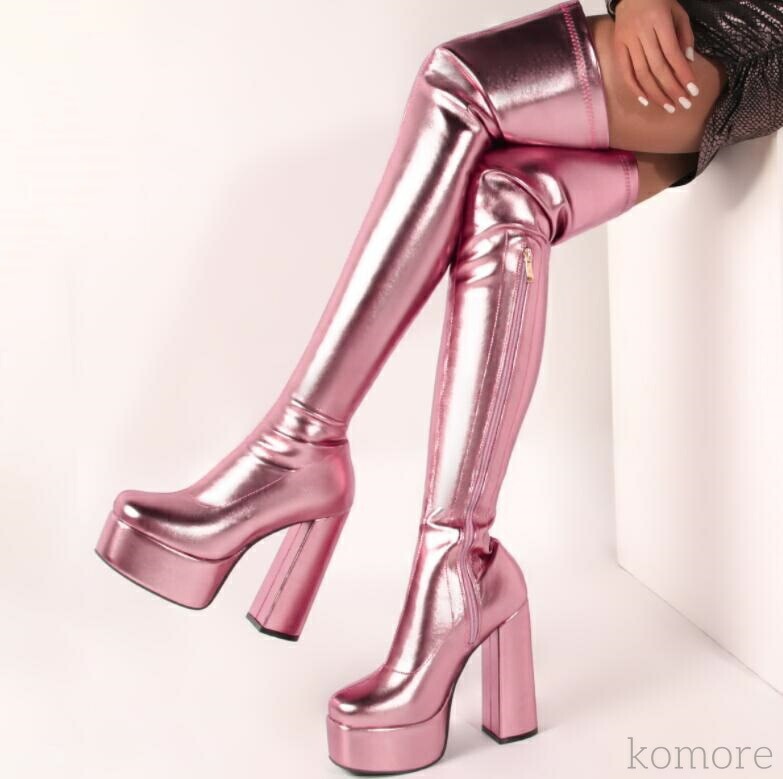 期間限定 レディースブーツ　エナメルロングブーツ　ニーハイブーツ　ストレット　ロング丈　秋冬　ストレッチソックスブーツ　太ヒール