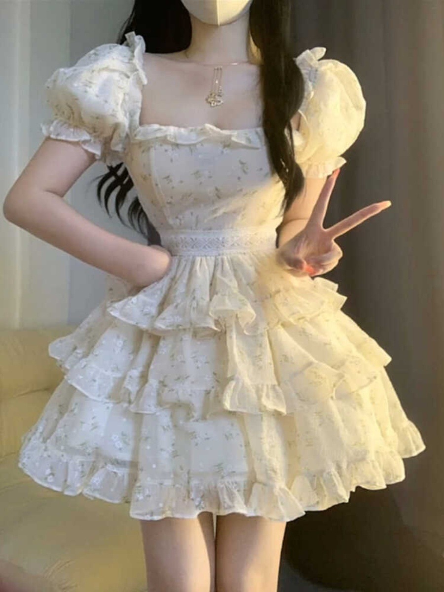 女性のための甘い花柄スクエアネックドレス 2024 年ボウケーキスカートウエスト痩身ふくらはぎスカート 6,278円