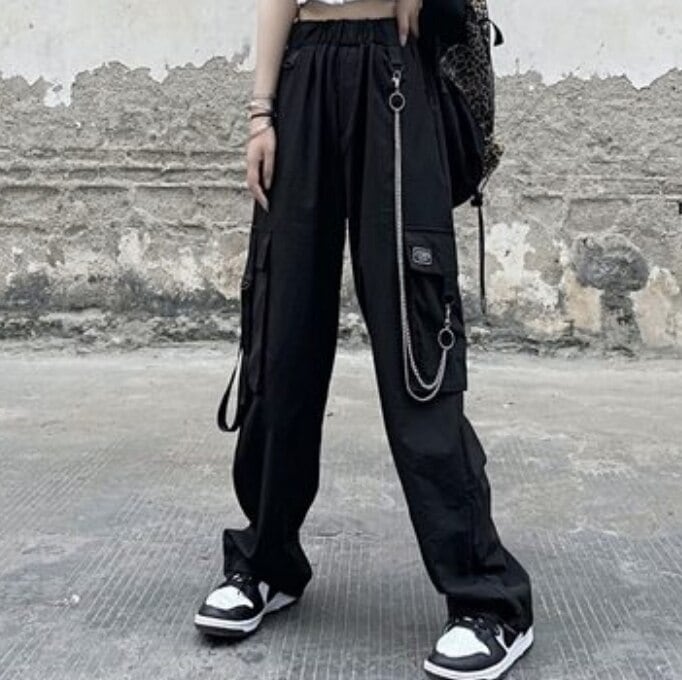パンツ レディース カーゴパンツ 無地 ロング丈　かっこいい カジュアル シンプル スポーティー 運動 ジム　学生 普段使い 旅行 チェーン XL マニッシュ ブラック　XL 韓国 コーデ モテ