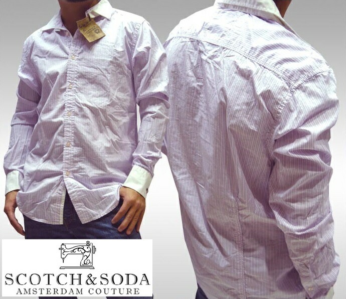 スコッチ&ソーダ スコッチアンドソーダ scotch&soda メンズ 長袖 シャツ ストライプ クレリック アタッチドカラー ライトパープル ホワイト テニスカフス トップス カジュアル サーフ セ
