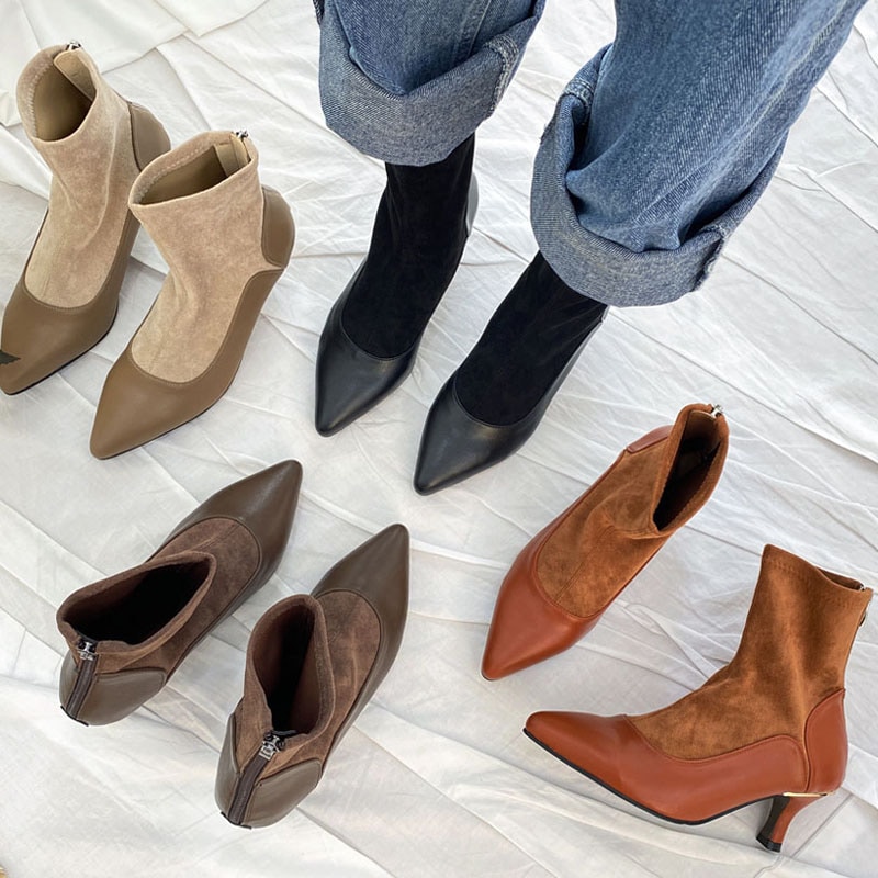 ユニークなパンプス風 コンビ素材 バックファスナー付き ミドルヒール シンプル ショートブーツ 4color