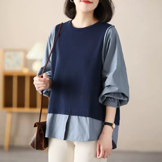 長袖ブラウス レディース トップス シャツ フェイクツーピース 重ね着風 ルーズ ラウンドネック プルオーバー 体型カバー カジュアル お出かけ シンプル 無地 春夏 ボリューム袖 女性