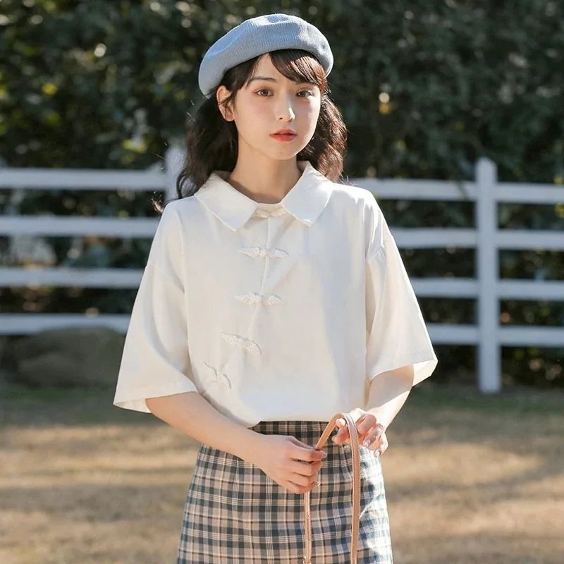 大人气24 シャツ 新作チャイナドレス半袖シャツ女性ゆったり半袖 百掛け ブラウス 韓国ファッション