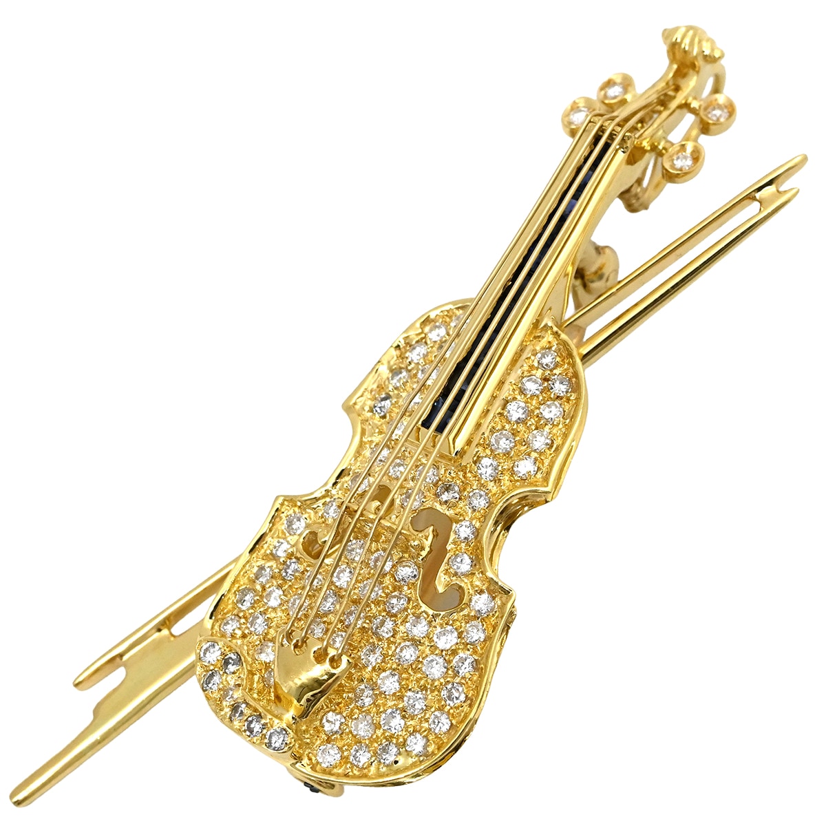 ブローチ ダイヤ サファイア イエローゴールド バイオリンモチーフ YG 18K ピンブローチ ブルー 青 楽器 パヴェダイヤ 【中古】