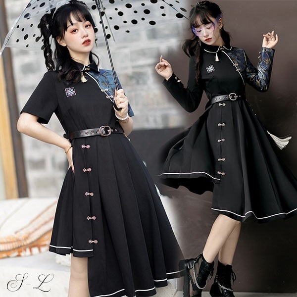 ロリータ チャイナワンピース 中華風 和柄 ベルト付き 半袖 長袖 切り替え ハイウエスト エスニック レディース ワンピース 個性的 原宿系 青文字系 カジュアル ファッション S M L