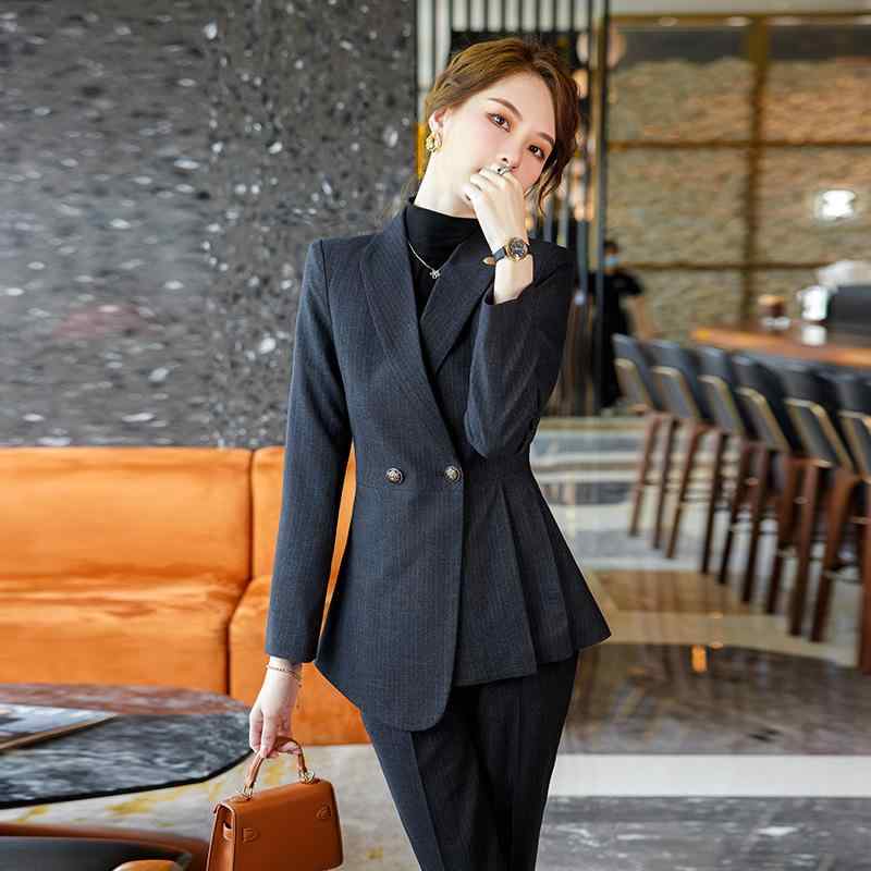 レディース スーツ フォーマル ビジネス セットアップ ネイビーブルー 黒 ジャケット パンツ ダブルブレスト プリーツ ストライプ 高級 エレガント シック きれいめ 上品 洗練 営業 ハイセンス