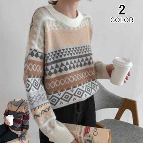 ニットセーター ニット レディース 長袖 丸首 花柄 プルオーバー シンプル 暖かい ざっくり トップス セーター 着痩せ かわいい 可愛い ファッション カジユアル インナー 防寒 春 服 秋服 冬