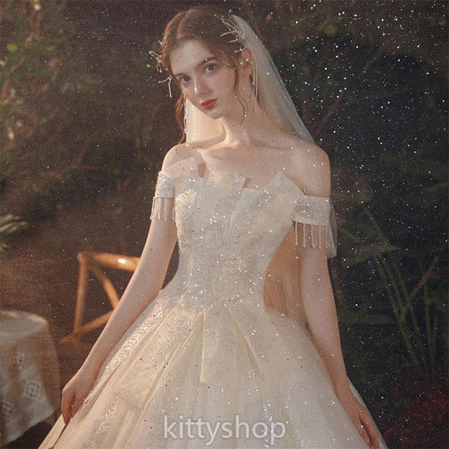 ウェディングドレス オフショルダー ボートネック 結婚式ドレス ホワイト シャンパン ラインストーン スパンコール キラキラ 二次会ドレス 披露宴 素敵 キレイめ