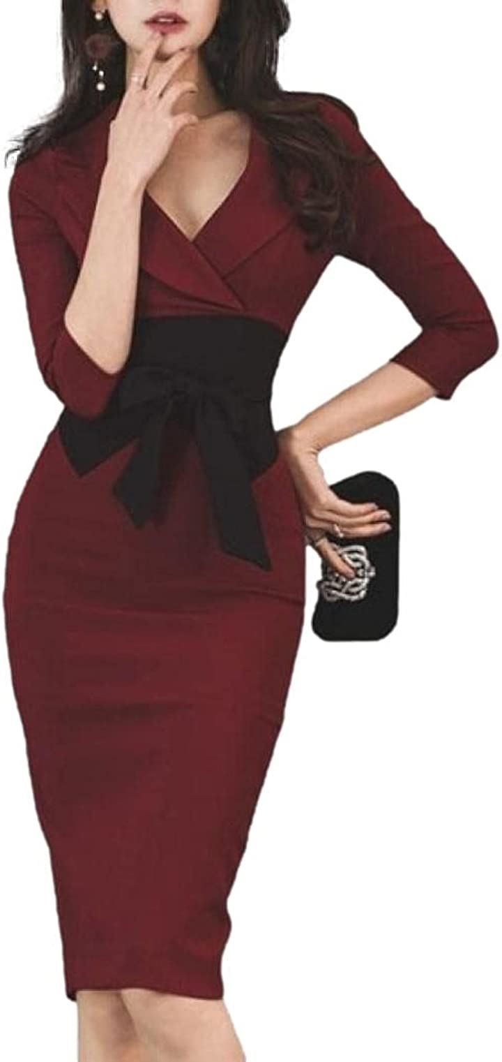 ジャケット ワンピース ディープVネック タイト ミディ クラブドレス 七分袖 スリット レディース(ワインレッド, M)